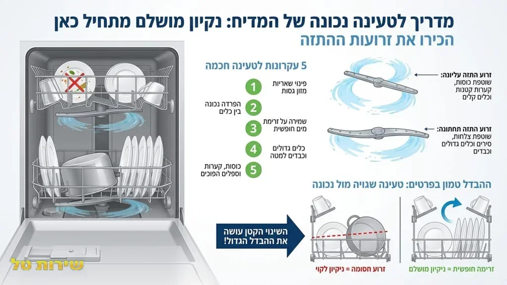 After the section discussing dishwasher maintenance, spray arms, and proper loading. סידור נכון של כלים במדיח וממטרות נקיות